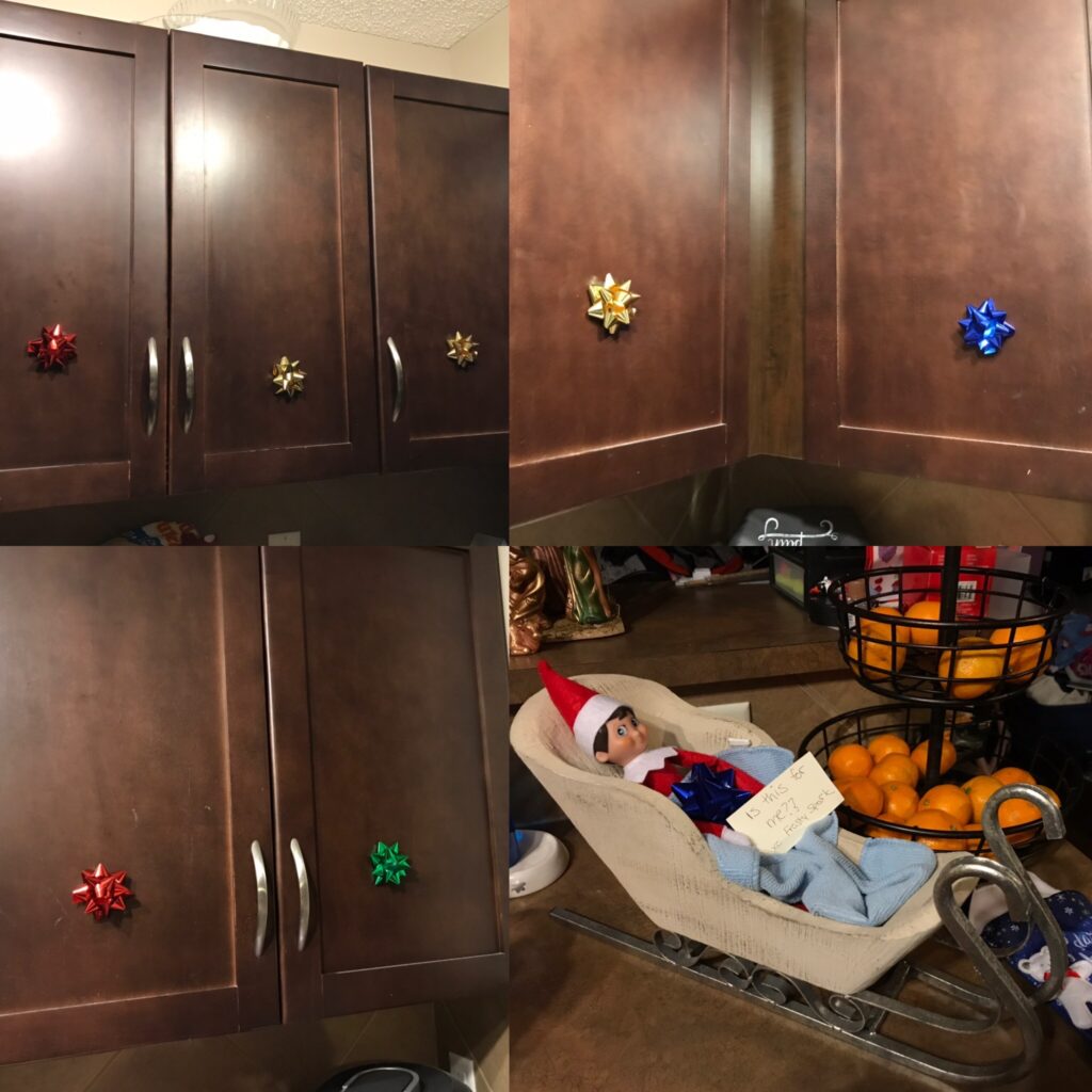 Frosty put Christmas bows on all the cupboards.