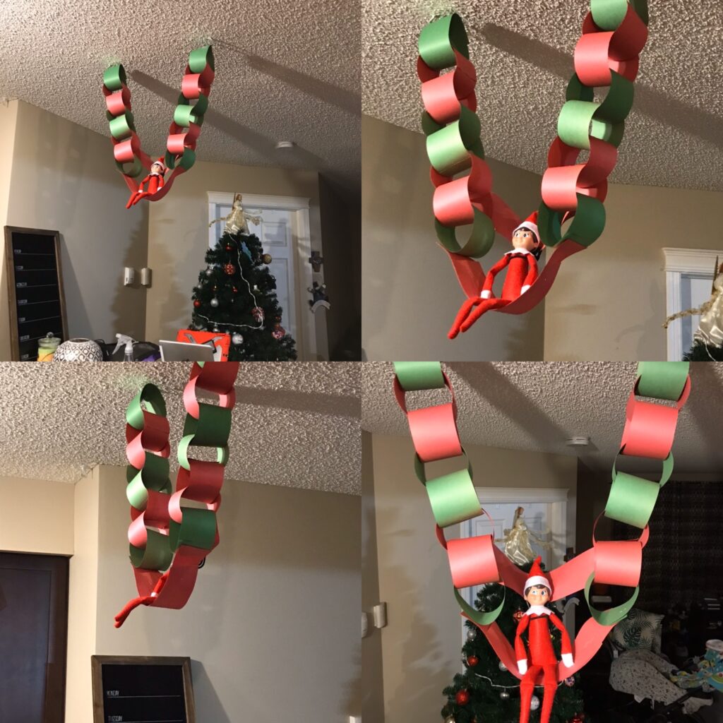 Our elf Frosty swinging off the ceiling.