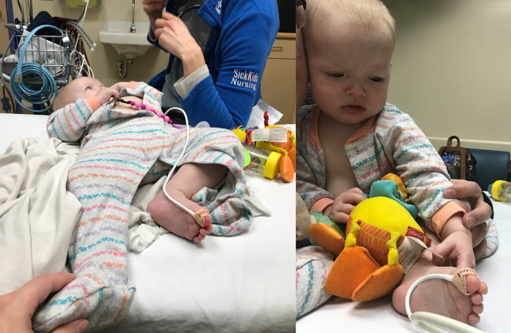 A nurse at the Alberta children's hospital checking Kennedy's lungs.