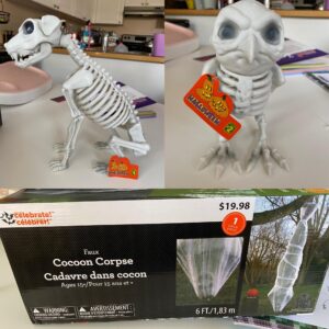 Spooky Halloween animal skeletons for decoration and a cocooned fake corpse for decoration