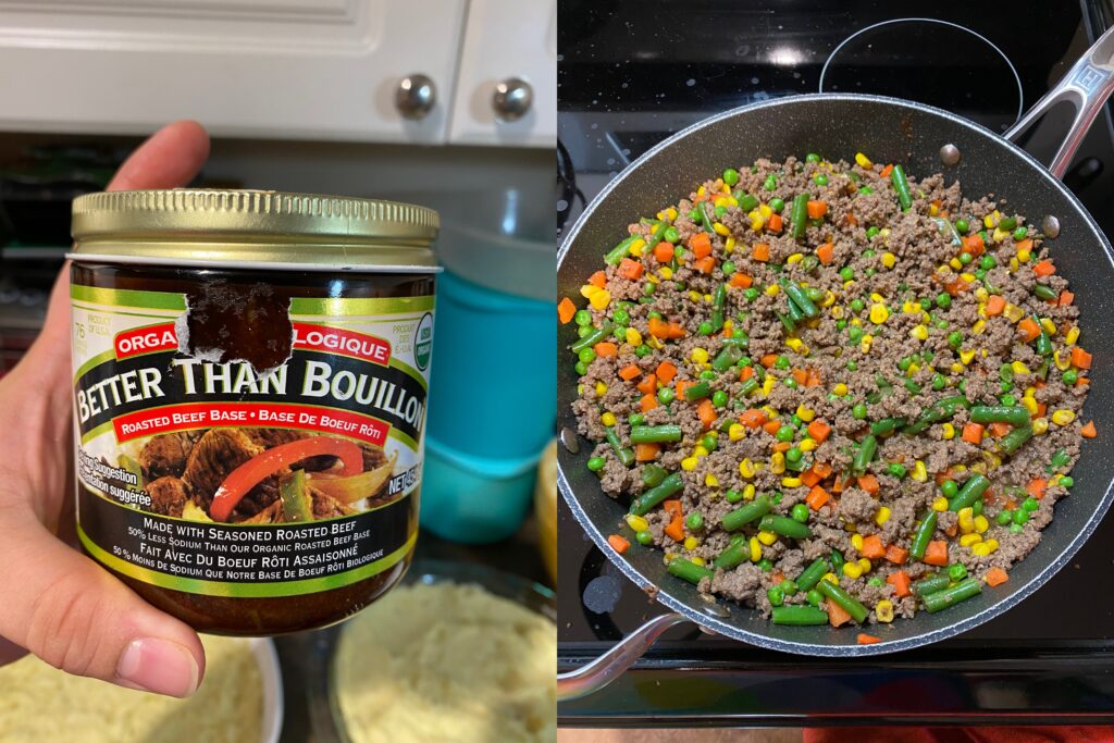 Roasted beef base seasoning, and shepherds pie filling of meat and vegetables 